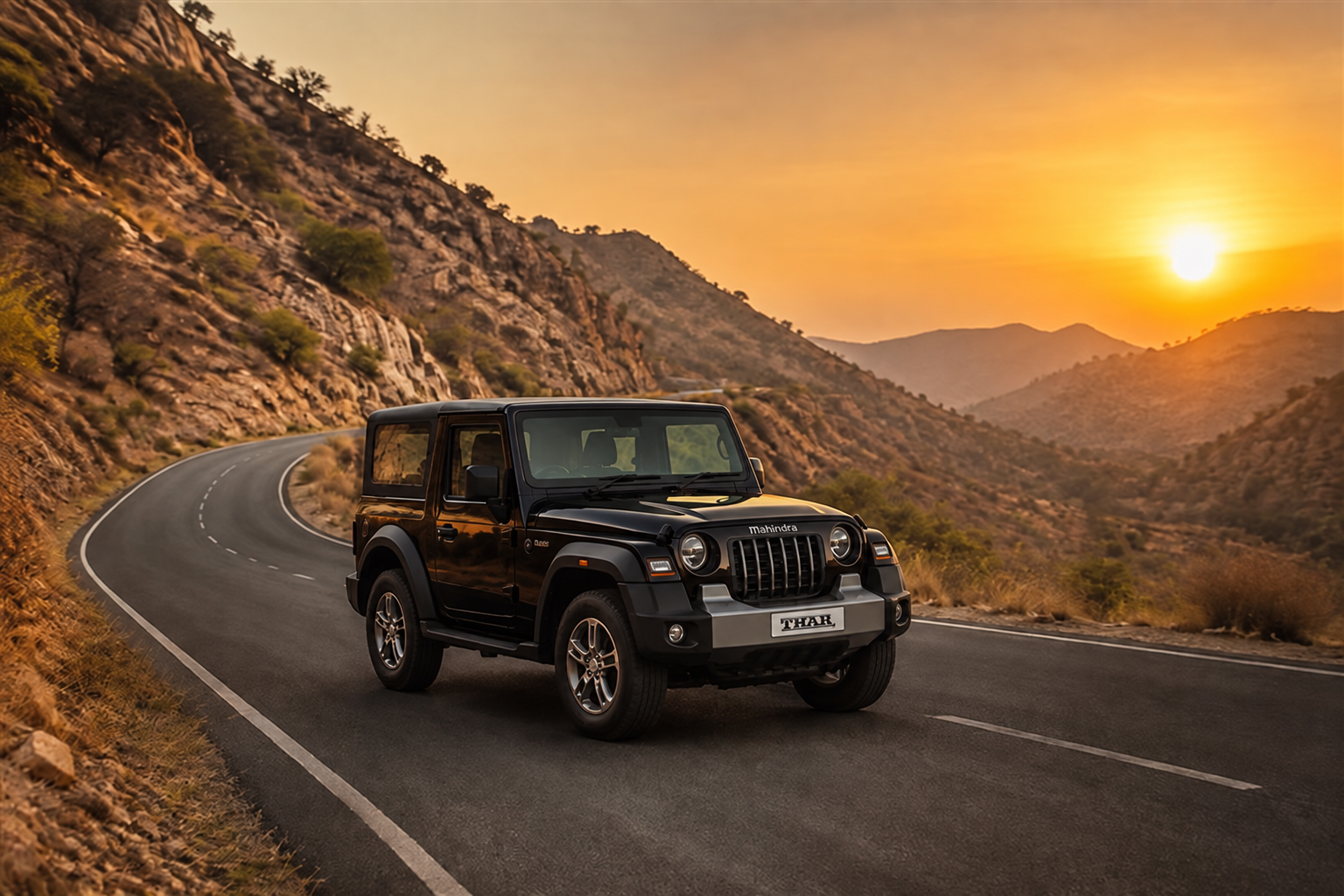 Black Mahindra Thar on a mountain road at sunset
